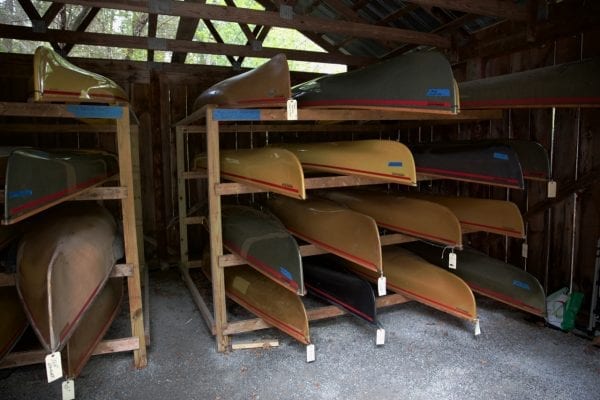 Boats in storage at Hornbeck Boats.